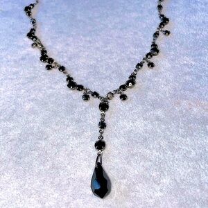 Striking Black Gem Cluster Drop-String Necklace / Choker in Gunmetal Silver